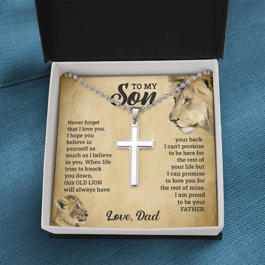 Artisan Old Lion Cross Necklace Gift - A Meaningful Keepsake for Your Son