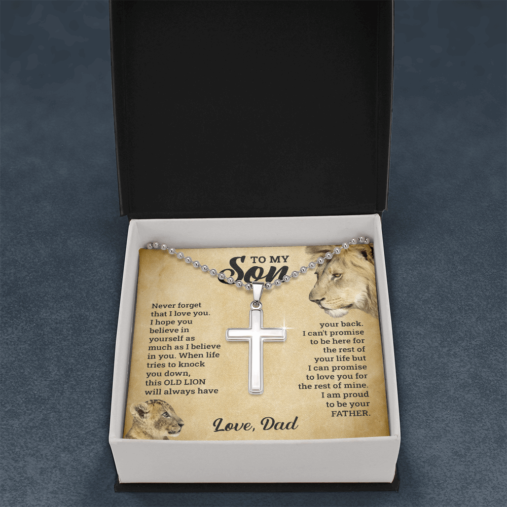 Artisan Old Lion Cross Necklace Gift - A Meaningful Keepsake for Your Son