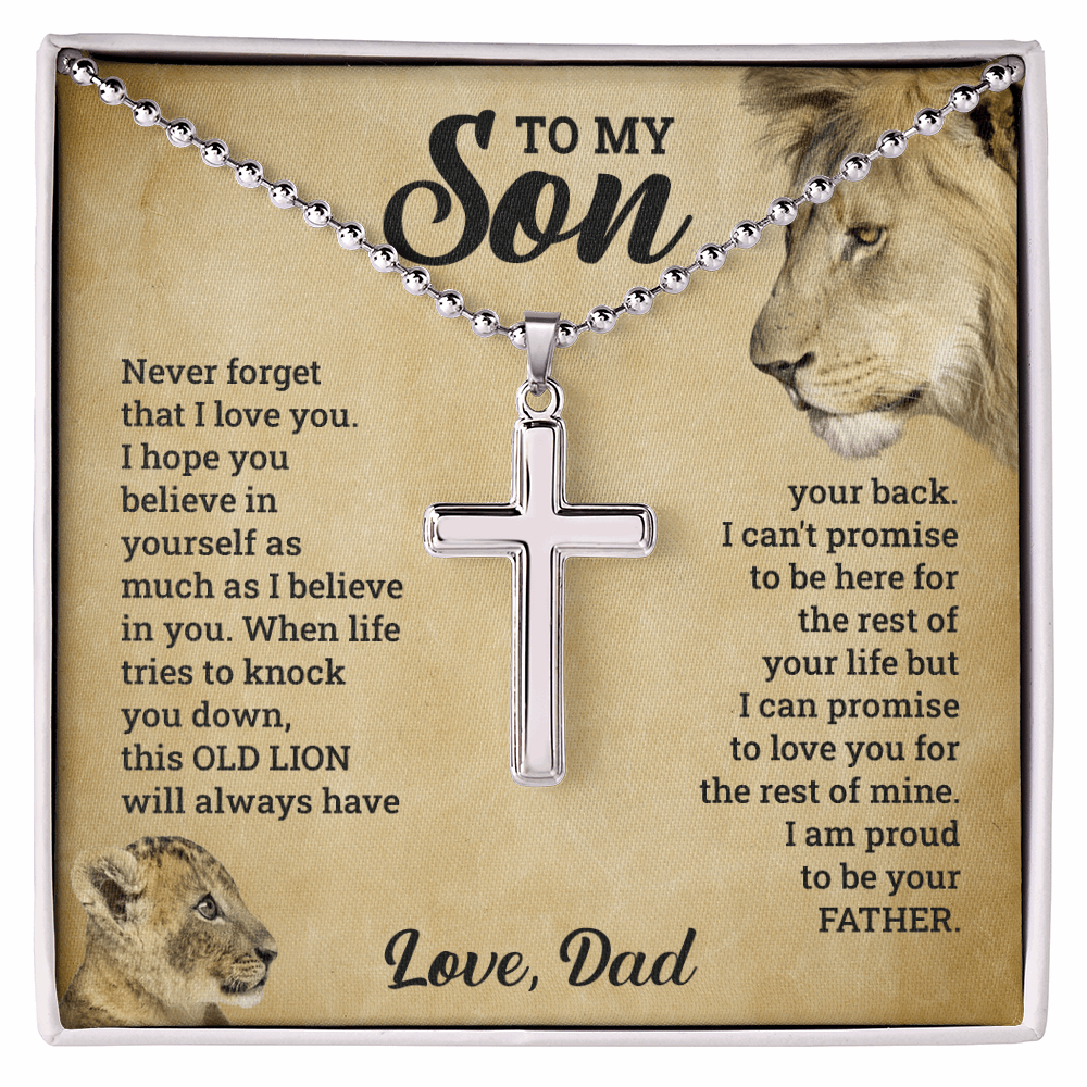 Artisan Old Lion Cross Necklace Gift - A Meaningful Keepsake for Your Son