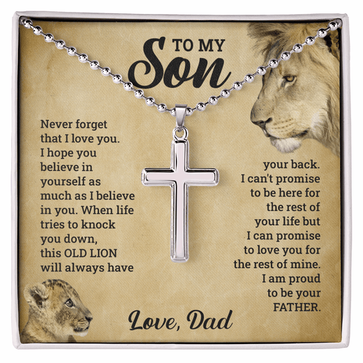 Artisan Old Lion Cross Necklace Gift - A Meaningful Keepsake for Your Son
