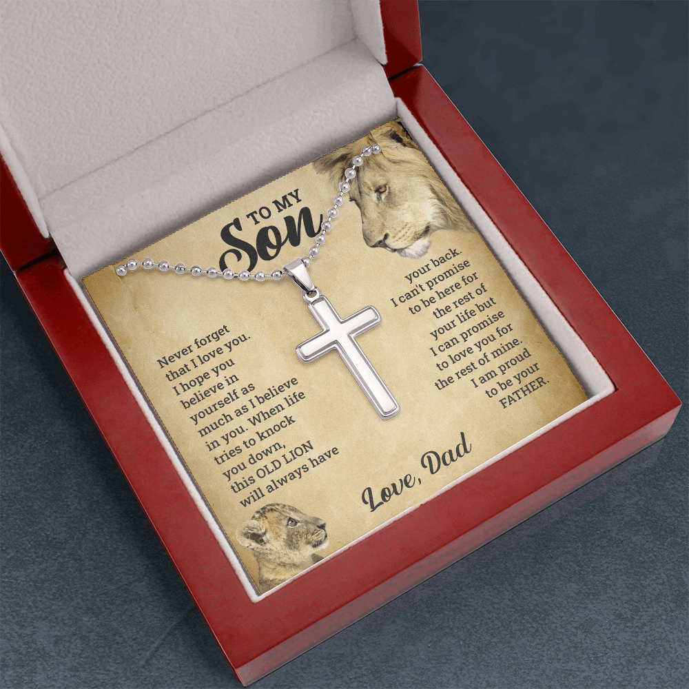 Artisan Old Lion Cross Necklace Gift - A Meaningful Keepsake for Your Son