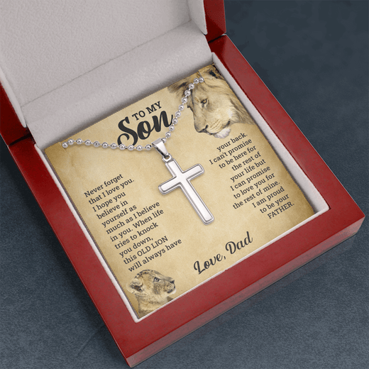Artisan Old Lion Cross Necklace Gift - A Meaningful Keepsake for Your Son