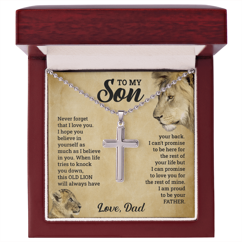 Artisan Old Lion Cross Necklace Gift - A Meaningful Keepsake for Your Son