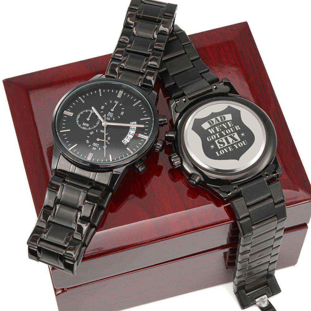 Men's Engraved Watch, We've Got Your Six, Charcoal Black, Gift Watch