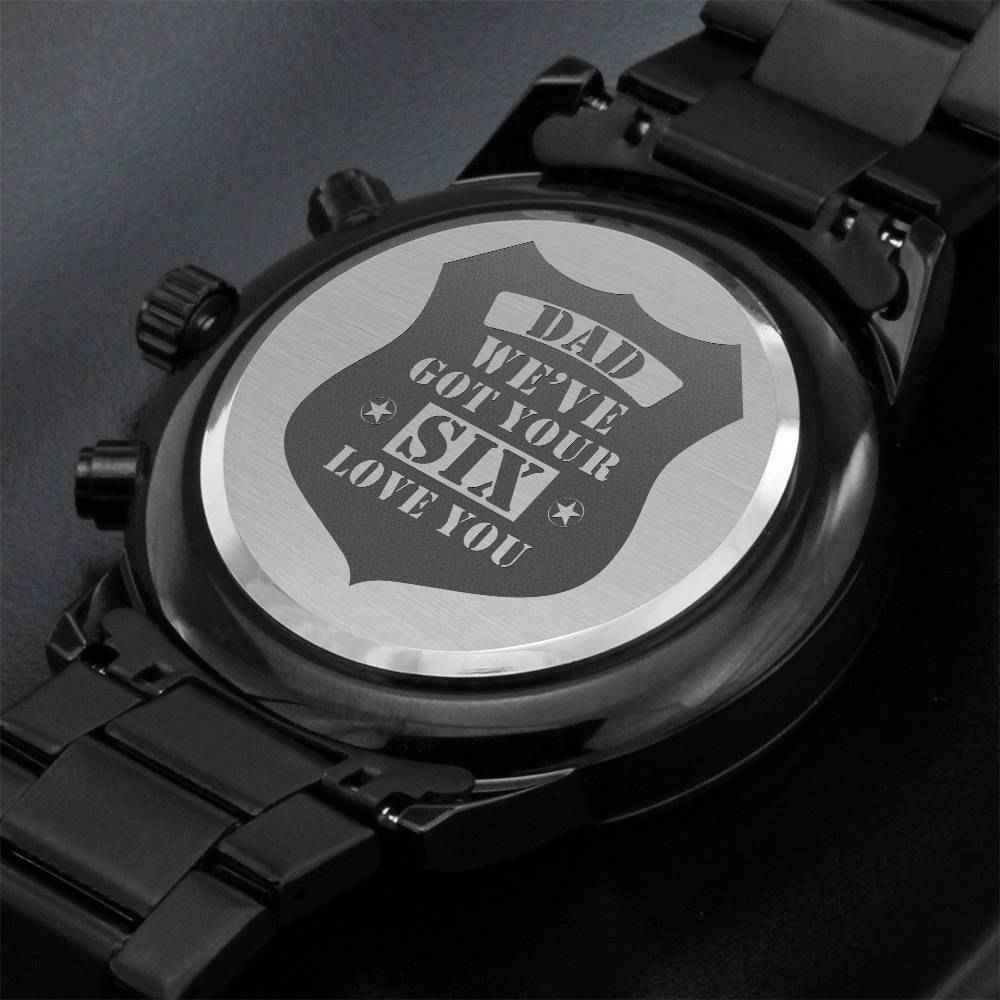 Men's Engraved Watch, We've Got Your Six, Charcoal Black, Gift Watch