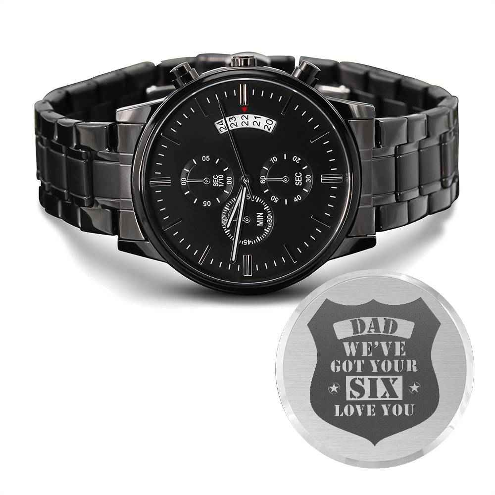 Men's Engraved Watch, We've Got Your Six, Charcoal Black, Gift Watch